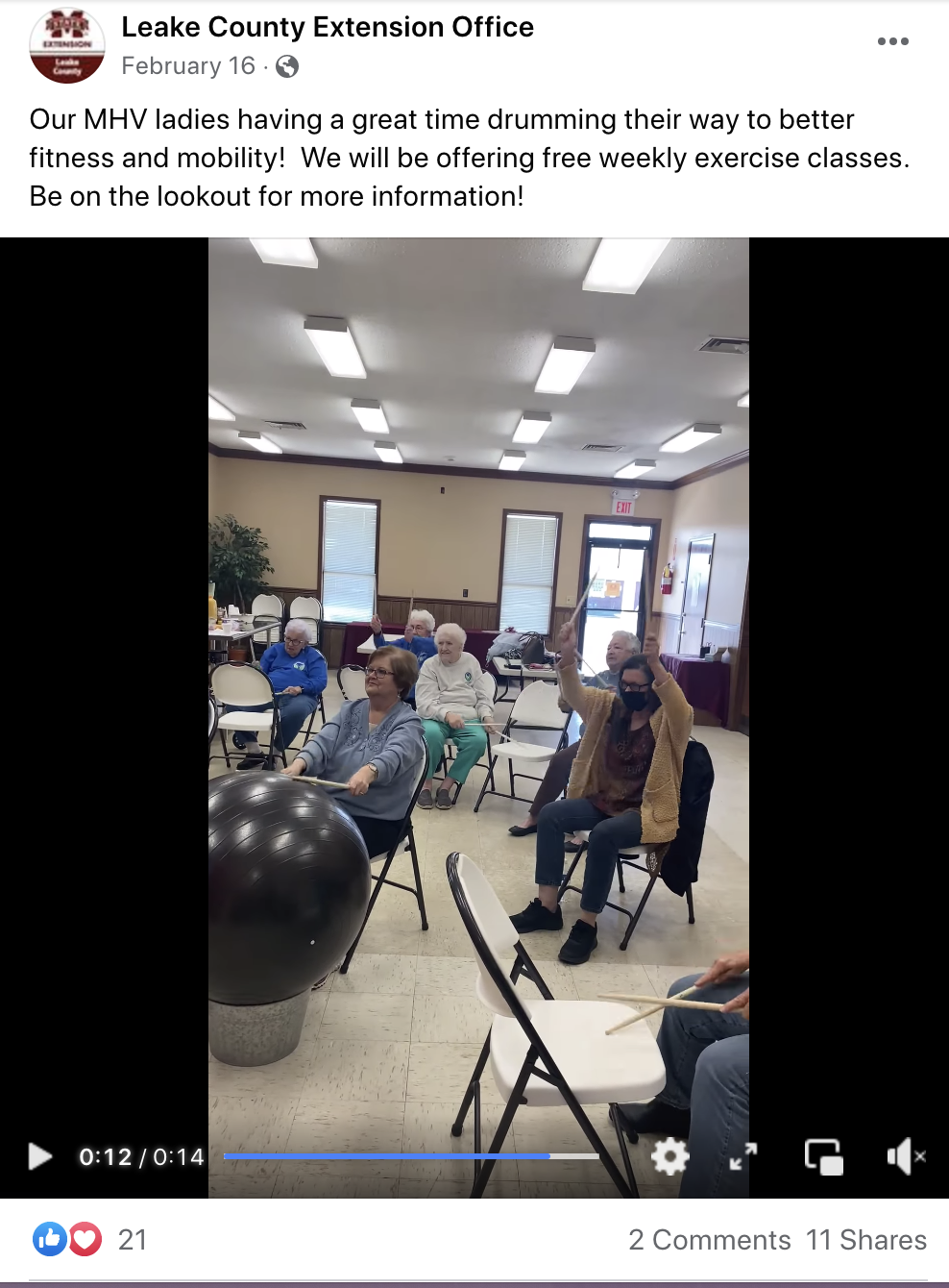 A Facebook post showing MHV participants drumming for a fitness class.